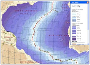 Рис. 14. Карта возраста океанических плит Атлантического океана
